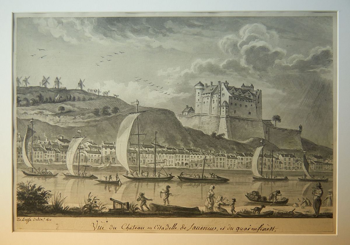 Gravure de Jean-Jacques Delusse (1758-1833) : Vue du château de la citadelle de Saumur et Quai Fenet (titre inscrit). © Musée de la marine de Loire, Châteauneuf-sur-Loire. Propriété de la commune.