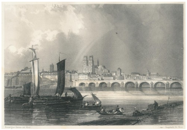 Gravure : Tours et chalands avec leurs piautres au XVIIIème siècle sur la Loire à Orléans : Col. particulière